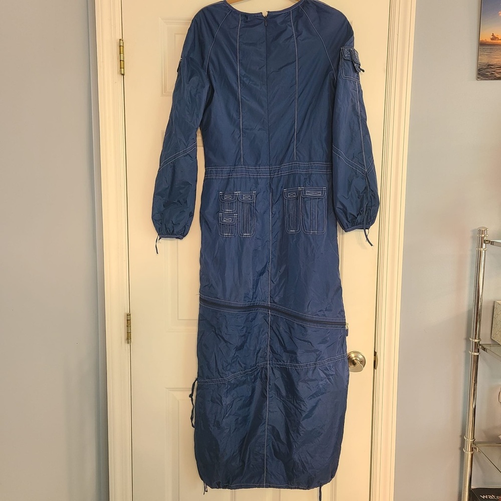 Vintage Y2K Dress M Parachute Maxi Blue Zipper Pocket Vneck Embroidered Cinch - Picture 2 of 9